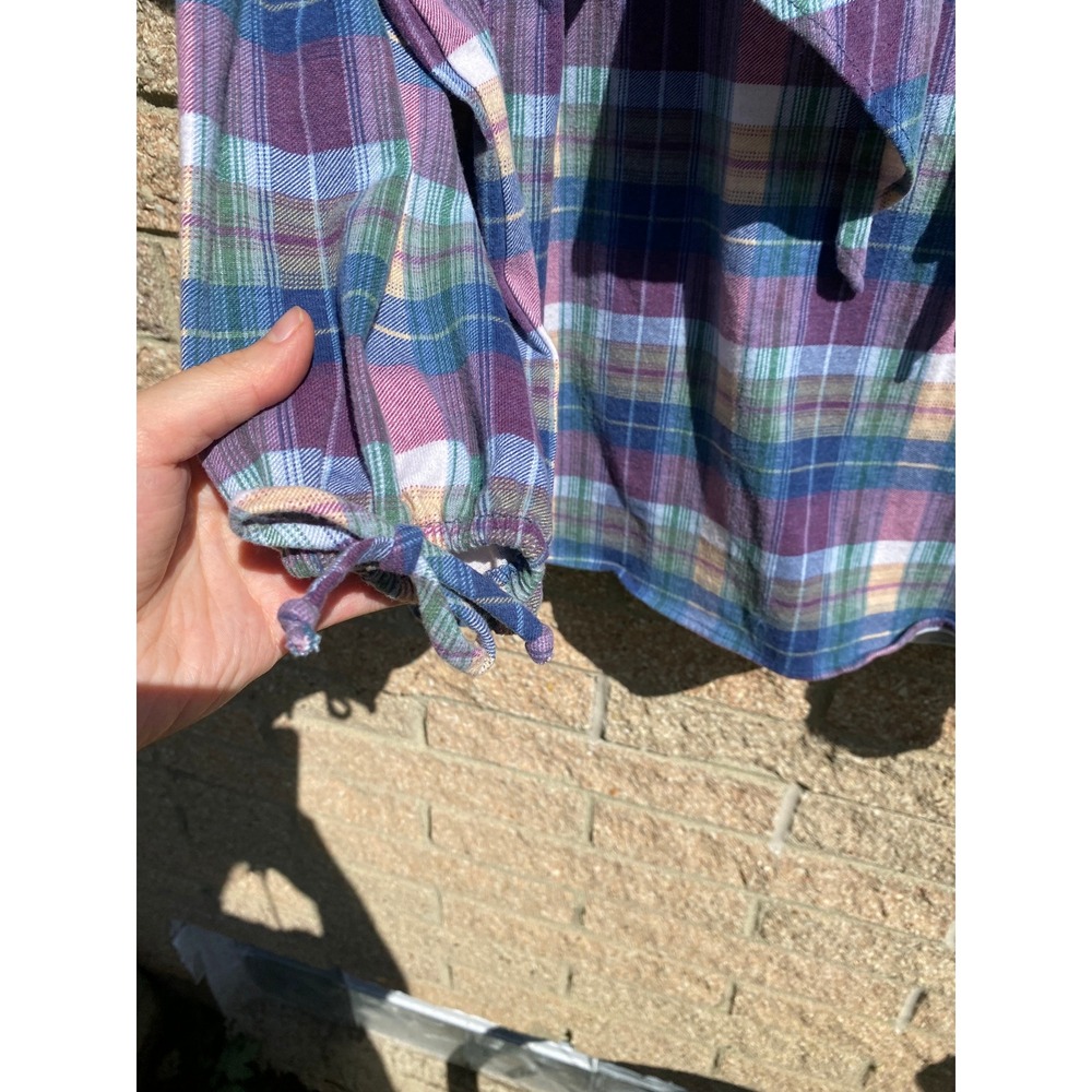 Vintage 1990s Plaid Ruffle Blouse Purple Check USA Medium Cottage Peasant Retro - Picture 4 of 5
